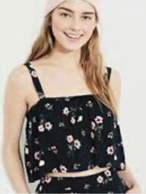 Hollister Fly Away Cropped Tank Top XS Floral Black Button Straps  Boho Cottage
